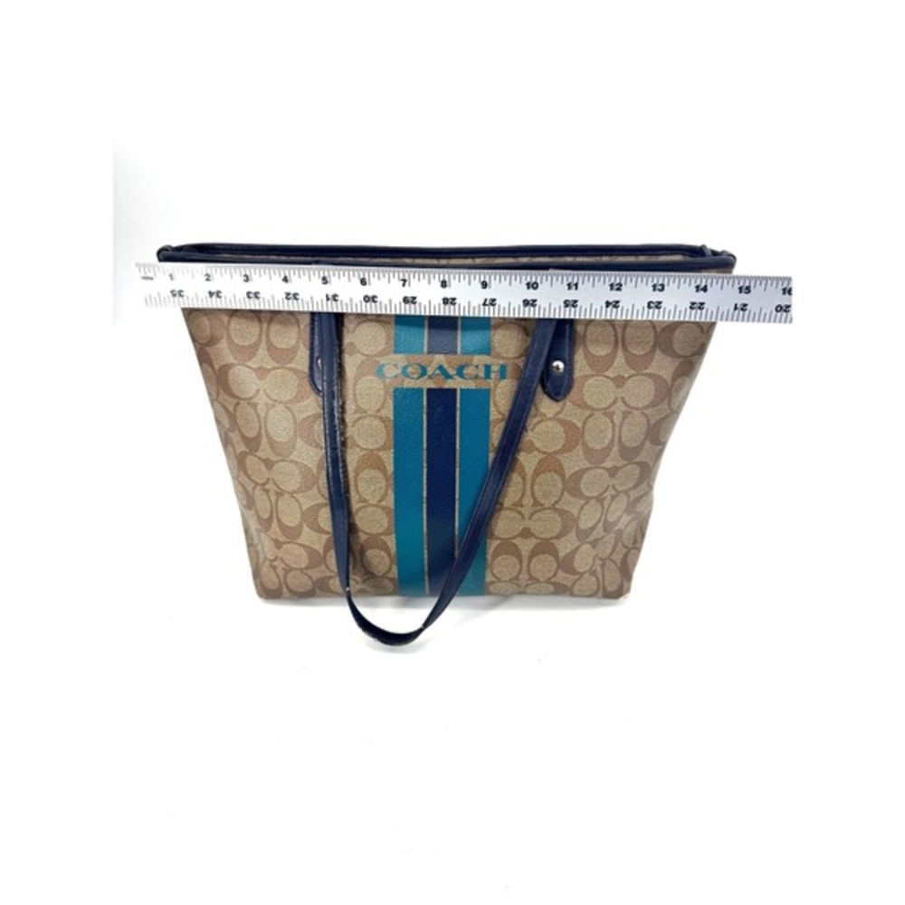 Coach City Tote Signature Canvas Varsity Stripe Brown Teal Navy‎ Zip Top Bag - Picture 5 of 9